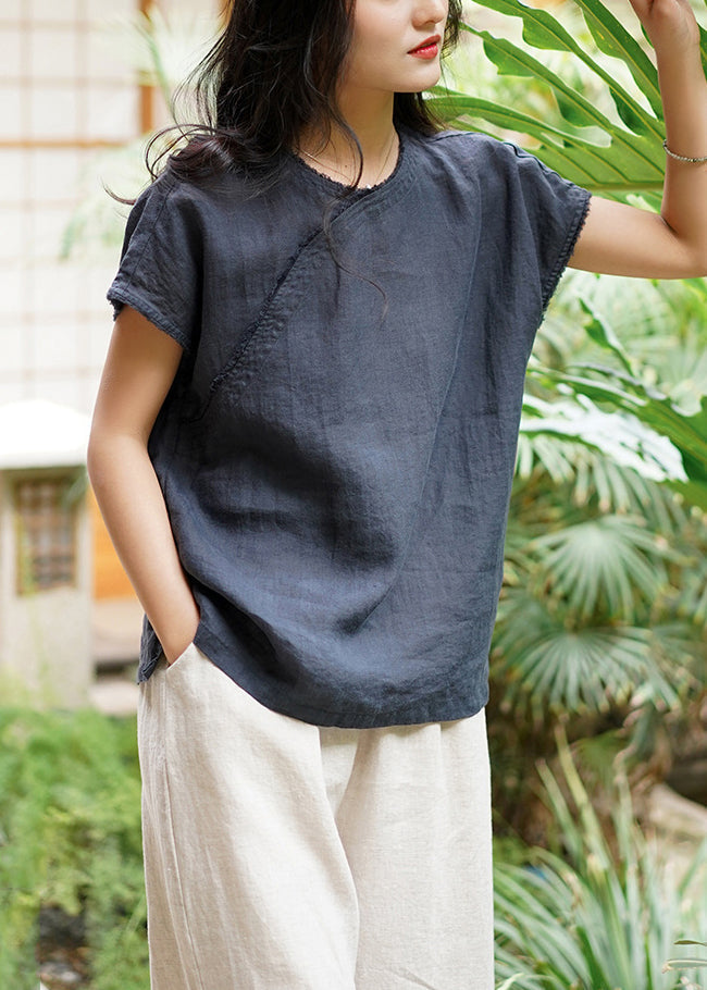 Simple Navy O Neck Side Open Linen T Shirt Top Summer Ada Fashion