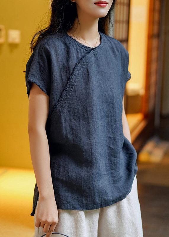 Simple Navy O Neck Side Open Linen T Shirt Top Summer Ada Fashion