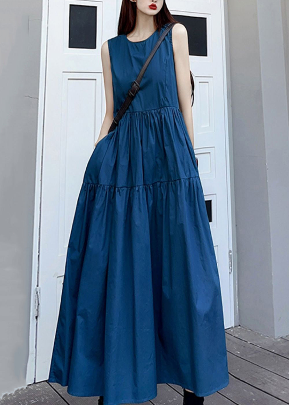 Simple Navy O Neck Wrinkled Pockets Patchwork Cotton Long Dresses Sleeveless Ada Fashion