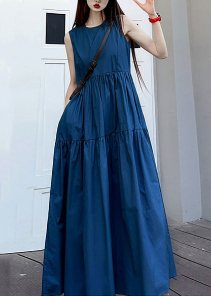 Simple Navy O Neck Wrinkled Pockets Patchwork Cotton Long Dresses Sleeveless Ada Fashion