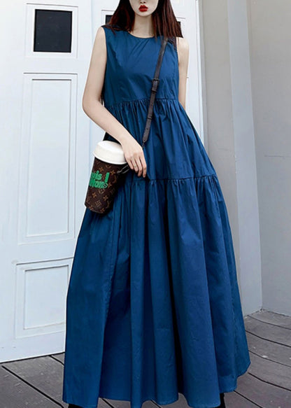 Simple Navy O Neck Wrinkled Pockets Patchwork Cotton Long Dresses Sleeveless Ada Fashion