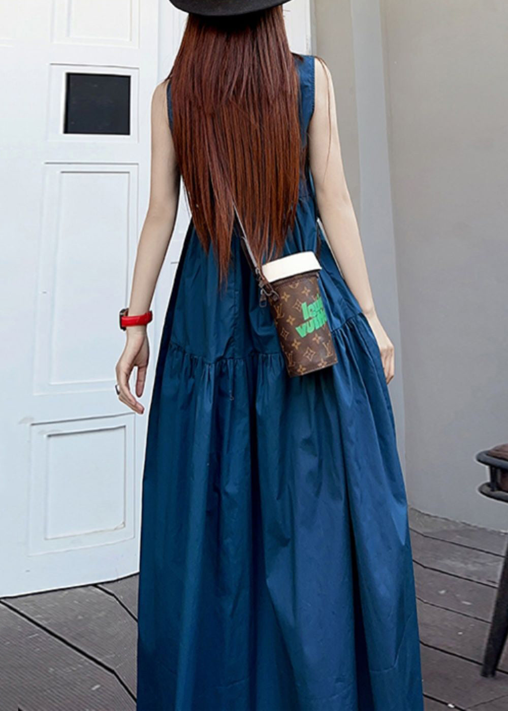 Simple Navy O Neck Wrinkled Pockets Patchwork Cotton Long Dresses Sleeveless Ada Fashion