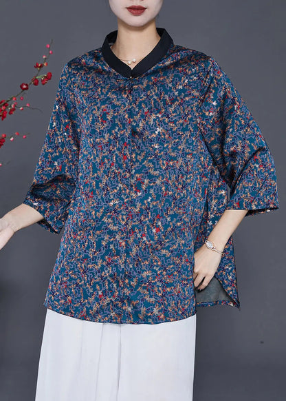 Simple Navy Oversized Print Silk Blouse Top Bracelet Sleeve Ada Fashion