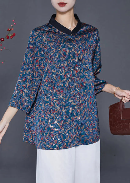 Simple Navy Oversized Print Silk Blouse Top Bracelet Sleeve Ada Fashion