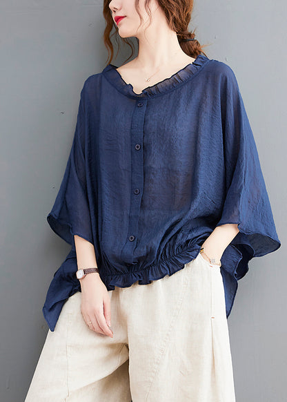 Simple Navy Ruffled Oversized Low High Design Linen Shirt Tops Batwing Sleeve LY2369 - fabuloryshop