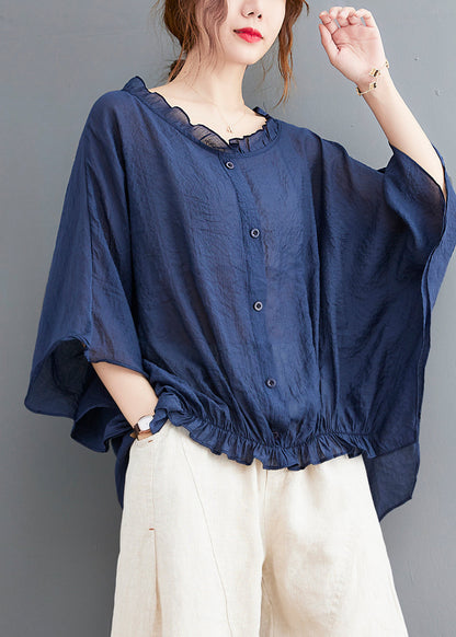 Simple Navy Ruffled Oversized Low High Design Linen Shirt Tops Batwing Sleeve LY2369 - fabuloryshop