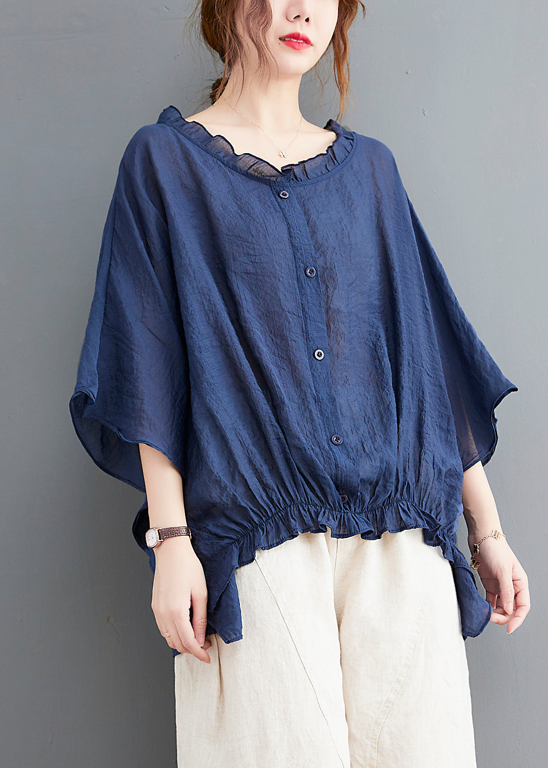 Simple Navy Ruffled Oversized Low High Design Linen Shirt Tops Batwing Sleeve LY2369 - fabuloryshop