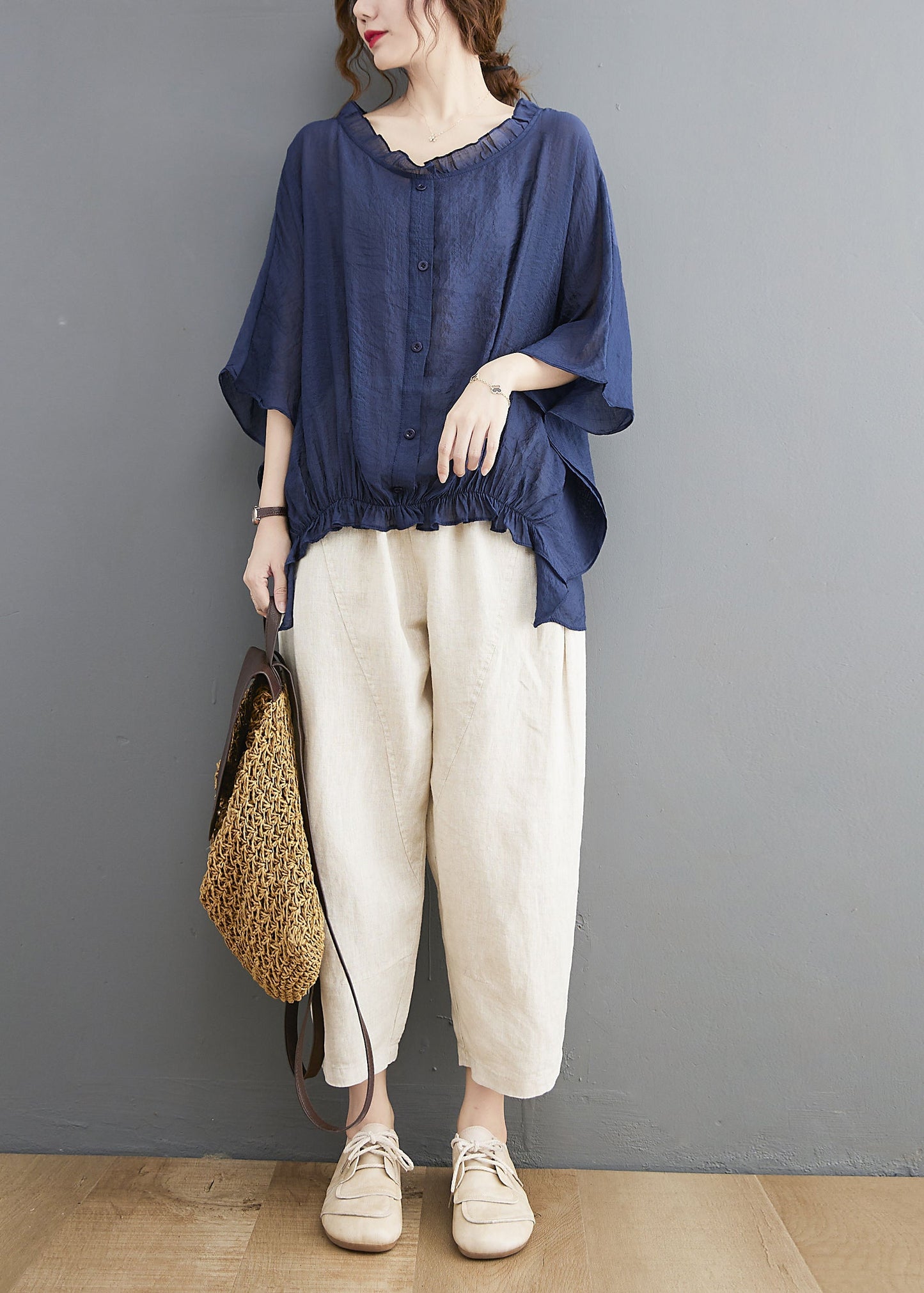 Simple Navy Ruffled Oversized Low High Design Linen Shirt Tops Batwing Sleeve LY2369 - fabuloryshop