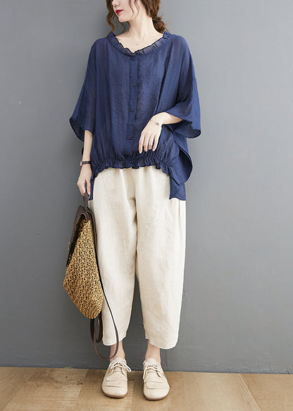 Simple Navy Ruffled Oversized Low High Design Linen Shirt Tops Batwing Sleeve LY2369 - fabuloryshop