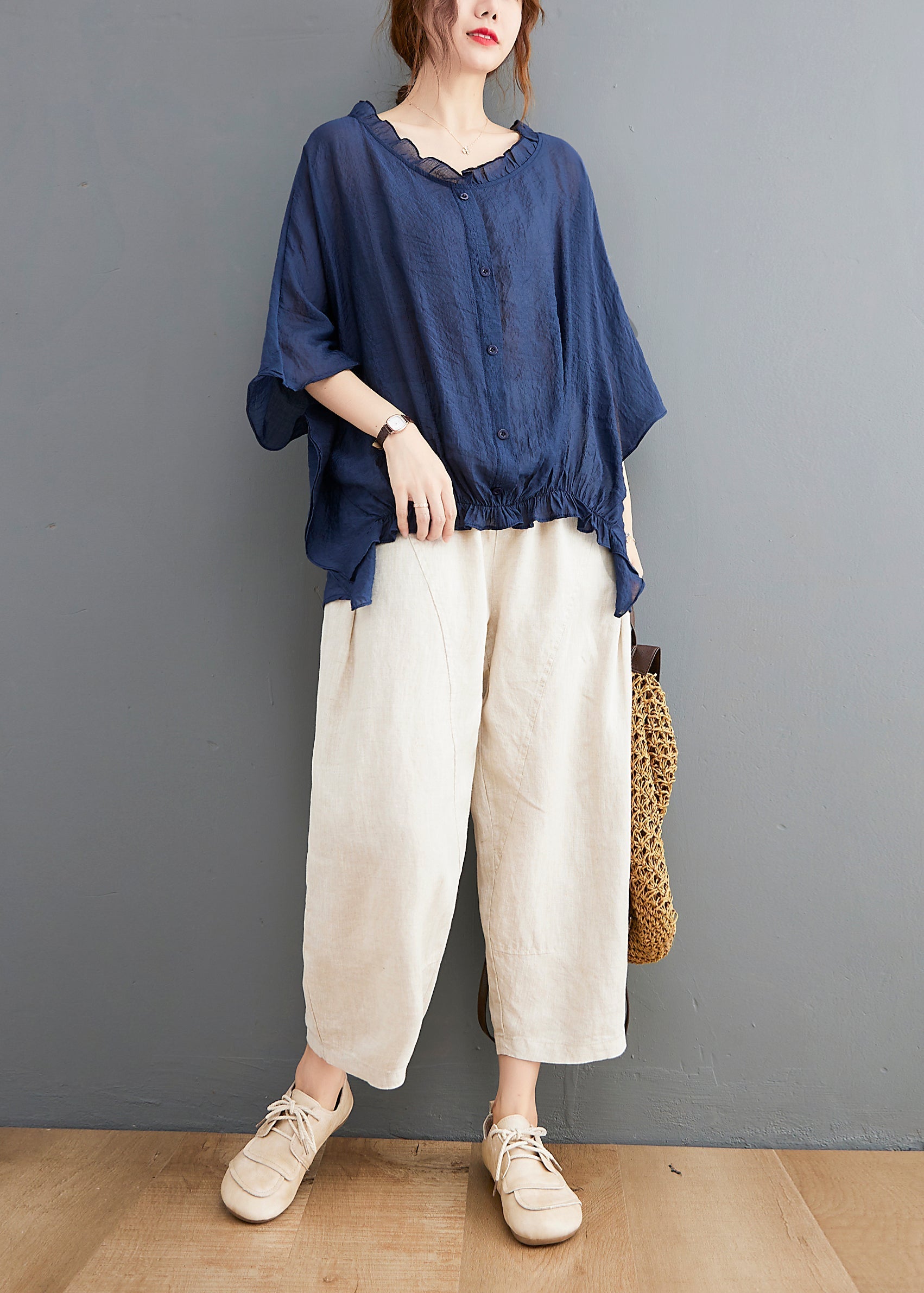 Simple Navy Ruffled Oversized Low High Design Linen Shirt Tops Batwing Sleeve LY2369 - fabuloryshop