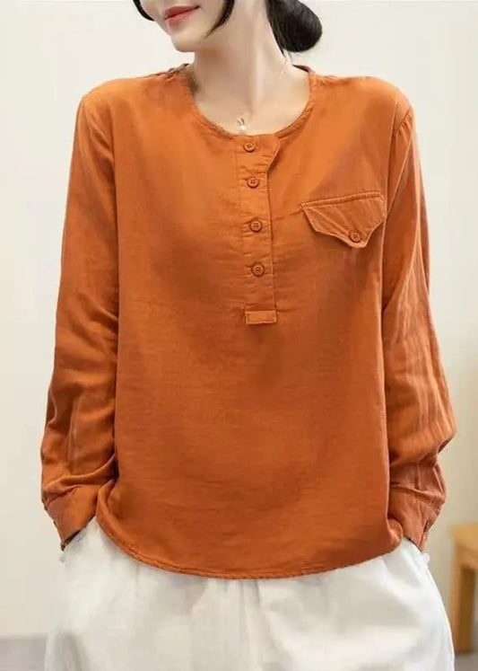 Simple Orange O-Neck Patchwork Button Tops Long Sleeve Ada Fashion