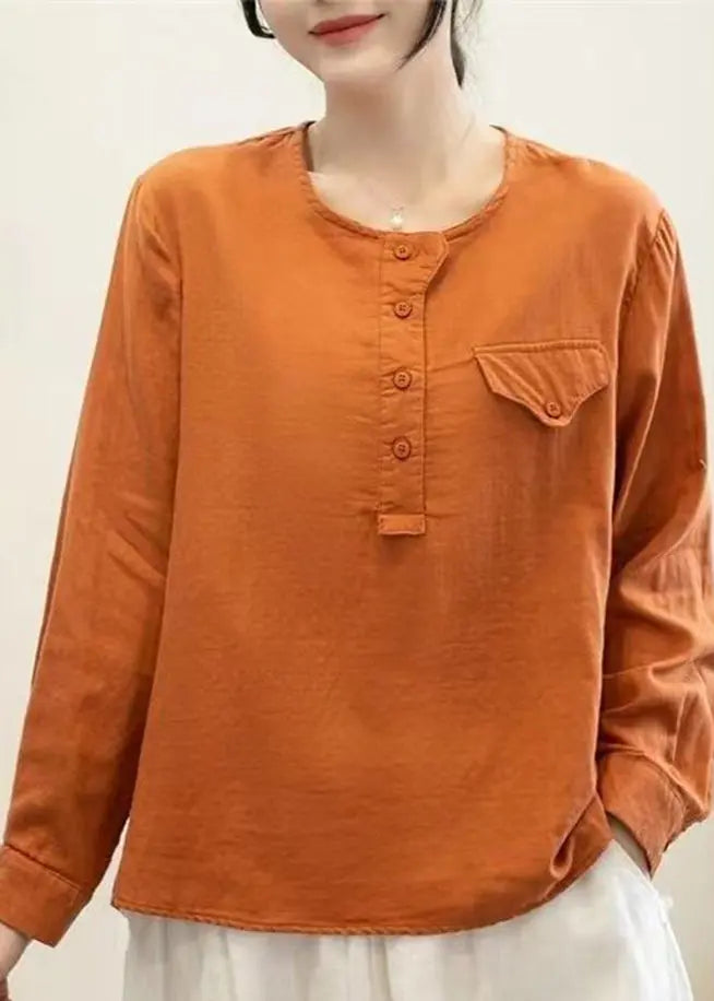 Simple Orange O-Neck Patchwork Button Tops Long Sleeve Ada Fashion