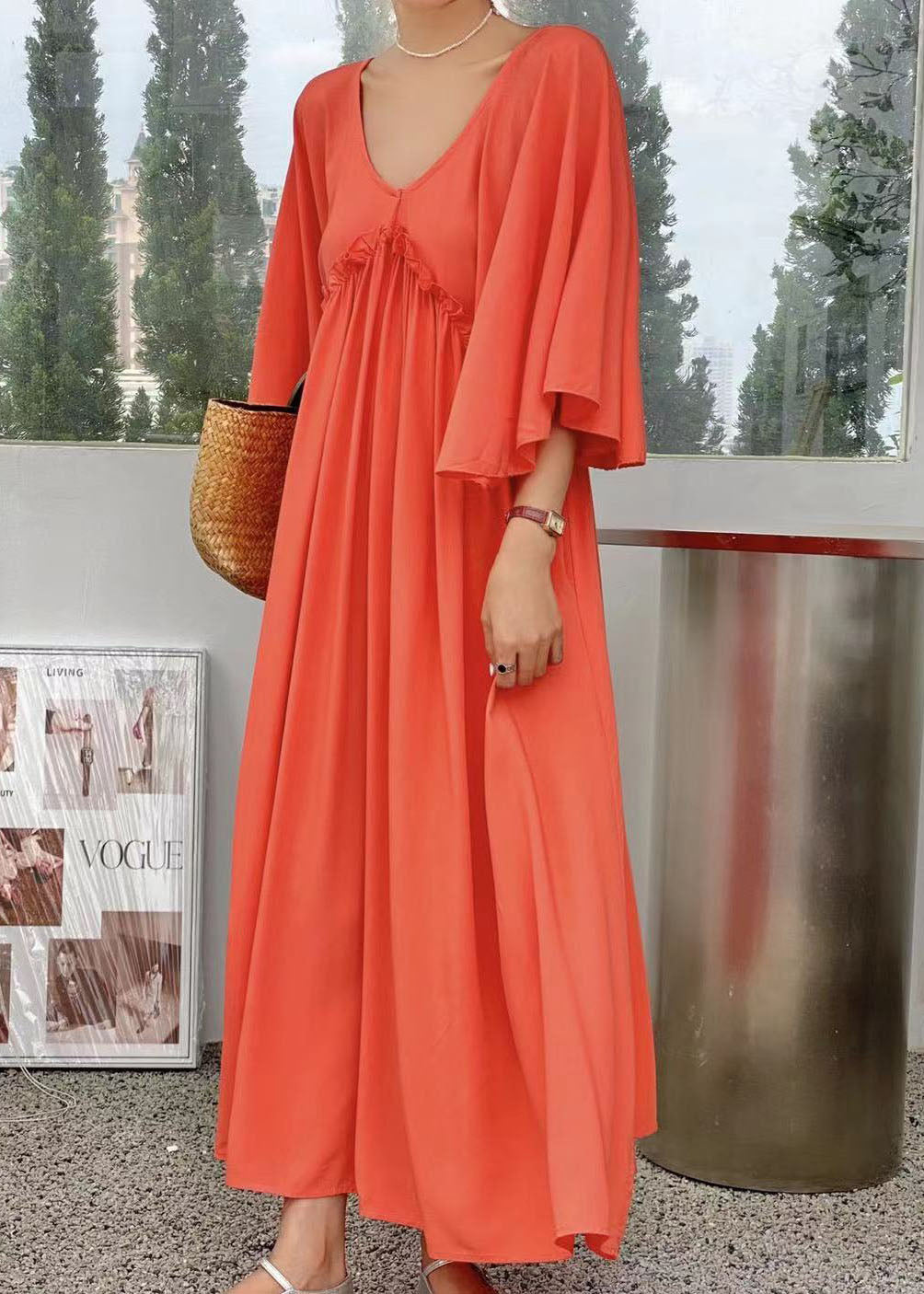 Simple Orange V Neck Patchwork Wrinkled Cotton Dress Flare Sleeve LY2168 - fabuloryshop