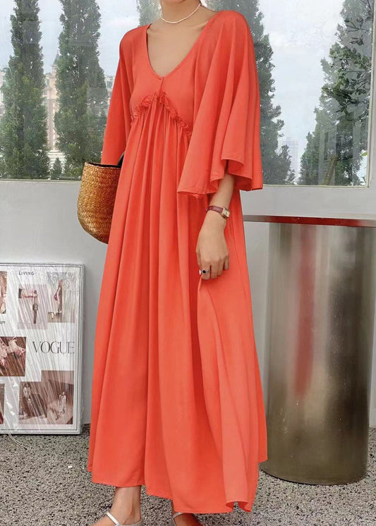 Simple Orange V Neck Patchwork Wrinkled Cotton Dress Flare Sleeve LY2168 - fabuloryshop