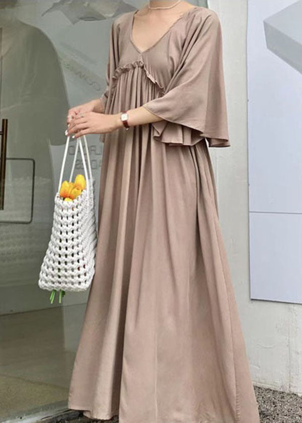 Simple Orange V Neck Patchwork Wrinkled Cotton Dress Flare Sleeve LY2168 - fabuloryshop