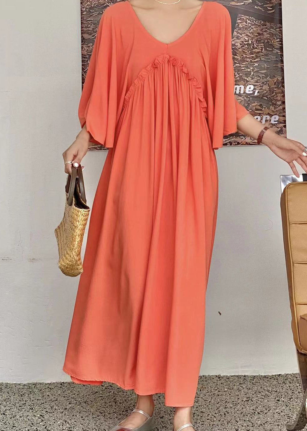 Simple Orange V Neck Patchwork Wrinkled Cotton Dress Flare Sleeve LY2168 - fabuloryshop