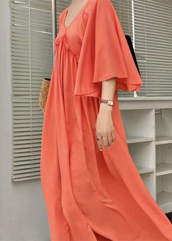 Simple Orange V Neck Patchwork Wrinkled Cotton Dress Flare Sleeve LY2168 - fabuloryshop