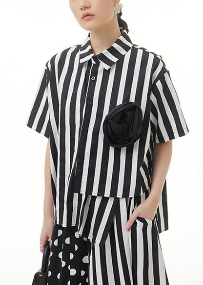 Simple Peter Pan Collar Asymmetrical Patchwork Button Cotton Shirts Summer LY1208 - fabuloryshop