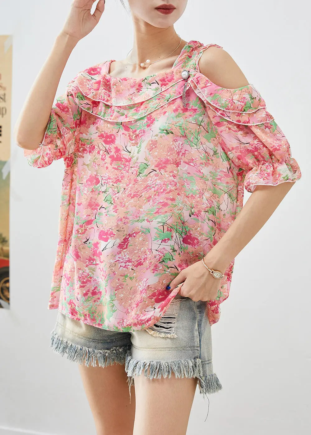 Simple Pink Cold Shoulder Print Chiffon Top Summer Ada Fashion