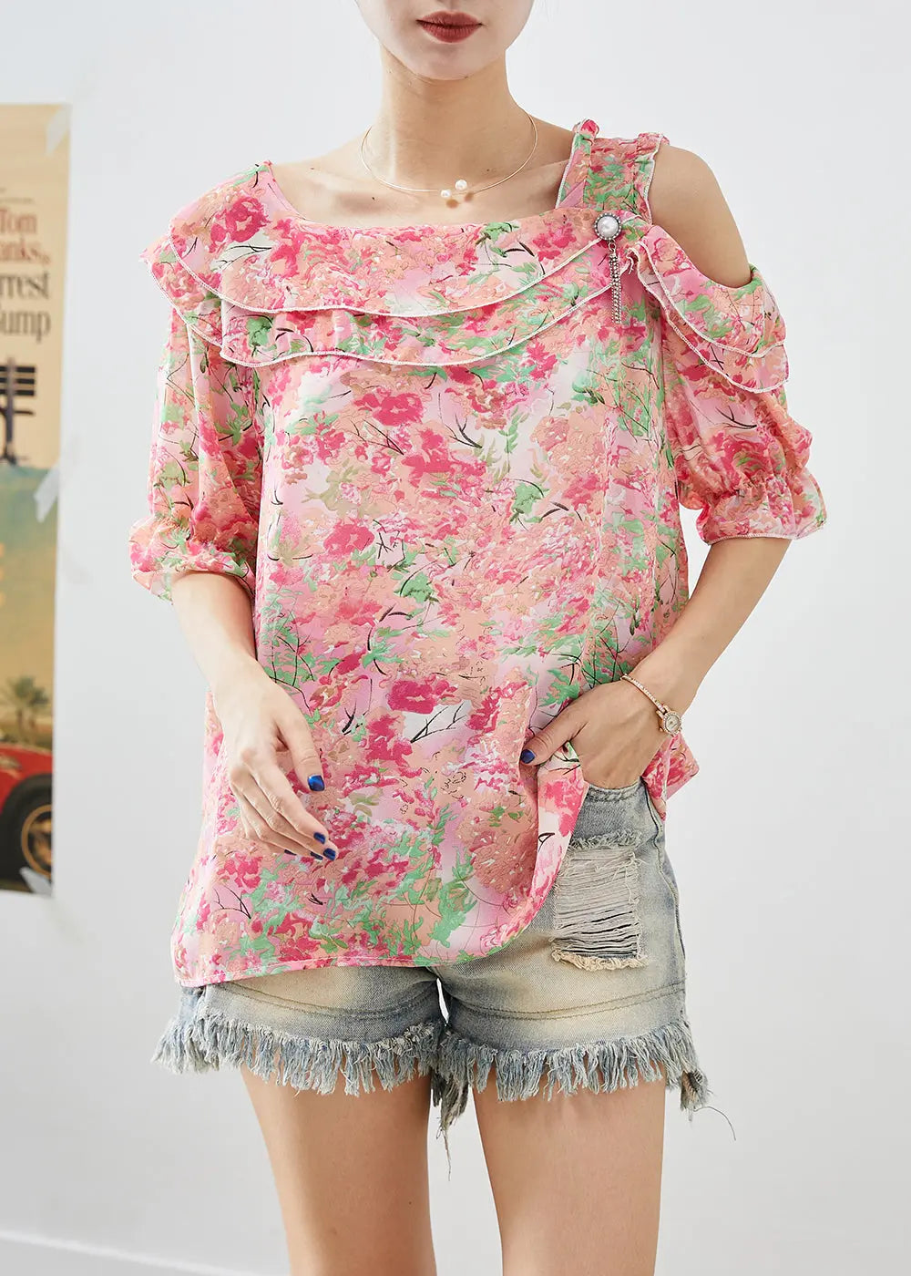 Simple Pink Cold Shoulder Print Chiffon Top Summer Ada Fashion