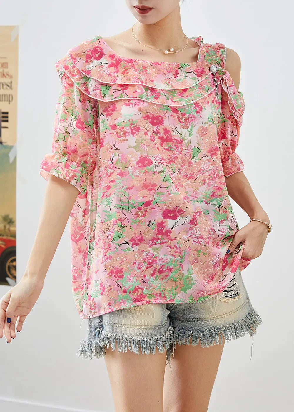 Simple Pink Cold Shoulder Print Chiffon Top Summer Ada Fashion