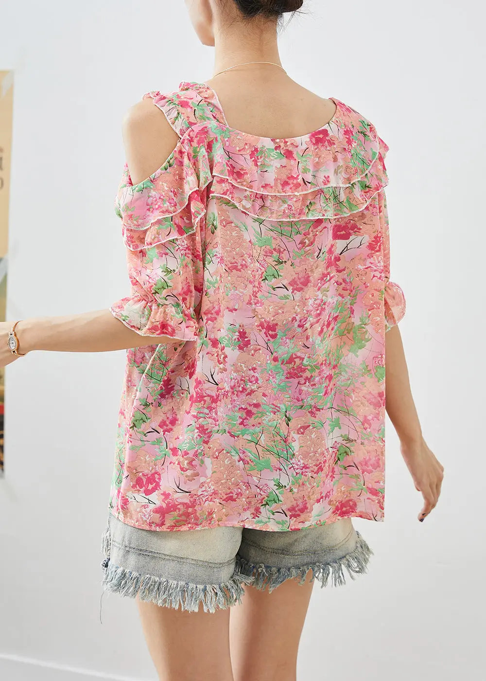 Simple Pink Cold Shoulder Print Chiffon Top Summer Ada Fashion