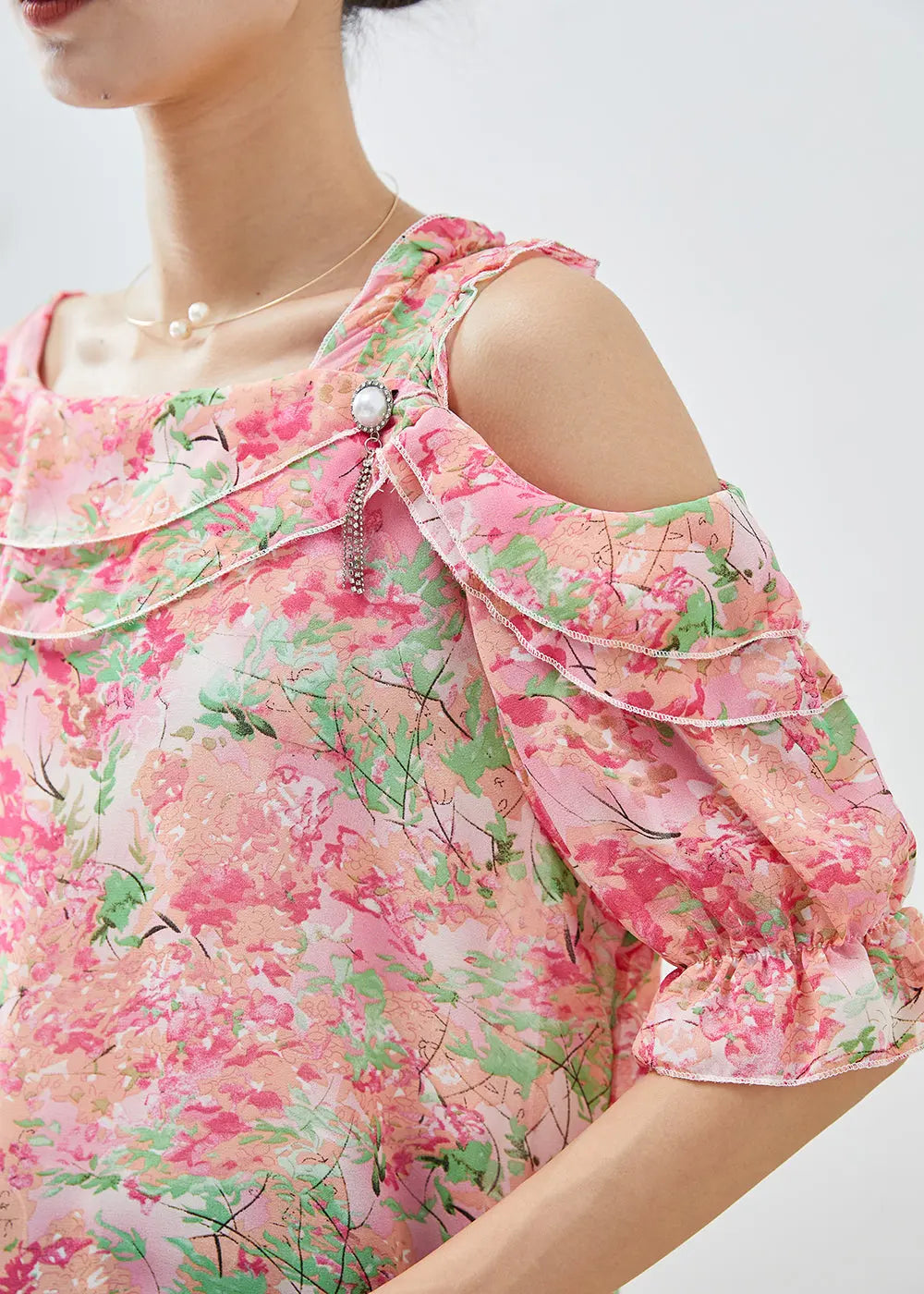 Simple Pink Cold Shoulder Print Chiffon Top Summer Ada Fashion