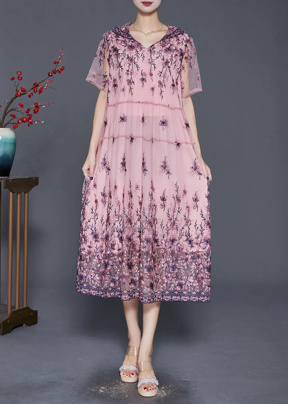 Simple Pink Embroideried Tulle Maxi Dresses Summer Ada Fashion