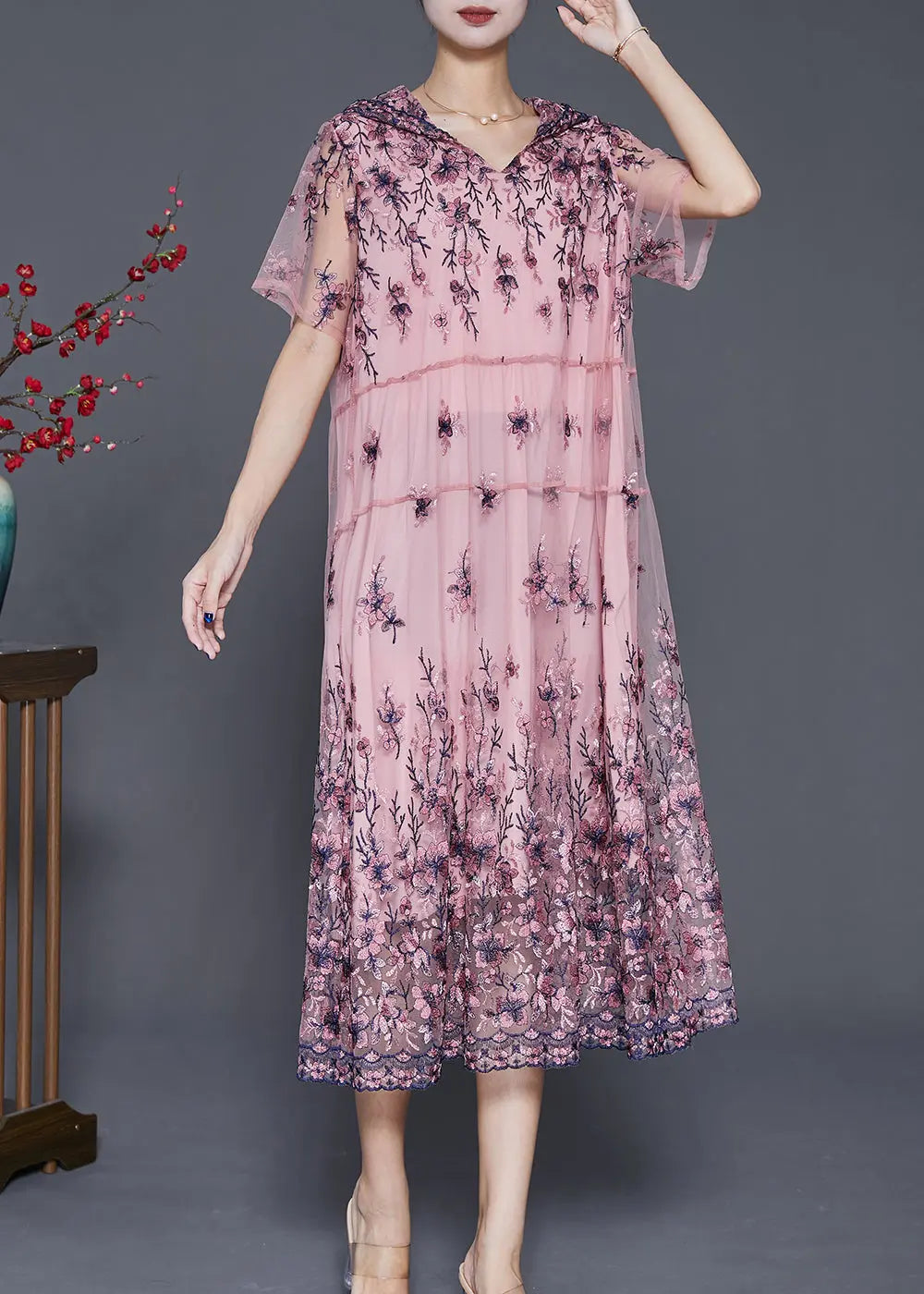 Simple Pink Embroideried Tulle Maxi Dresses Summer Ada Fashion