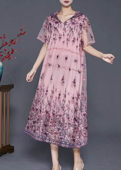 Simple Pink Embroideried Tulle Maxi Dresses Summer Ada Fashion