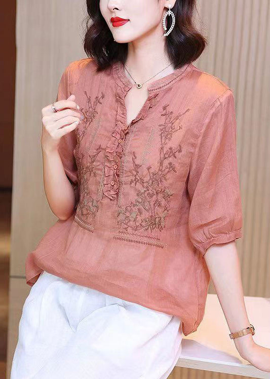 Simple Pink Ruffled Embroideried Patchwork Linen Tops Summer TP1008 - fabuloryshop