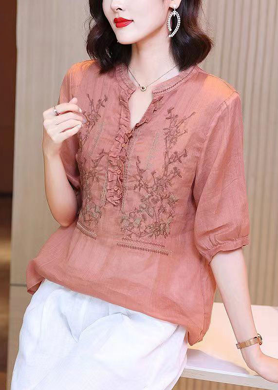 Simple Pink Ruffled Embroideried Patchwork Linen Tops Summer LY6949 Ada Fashion