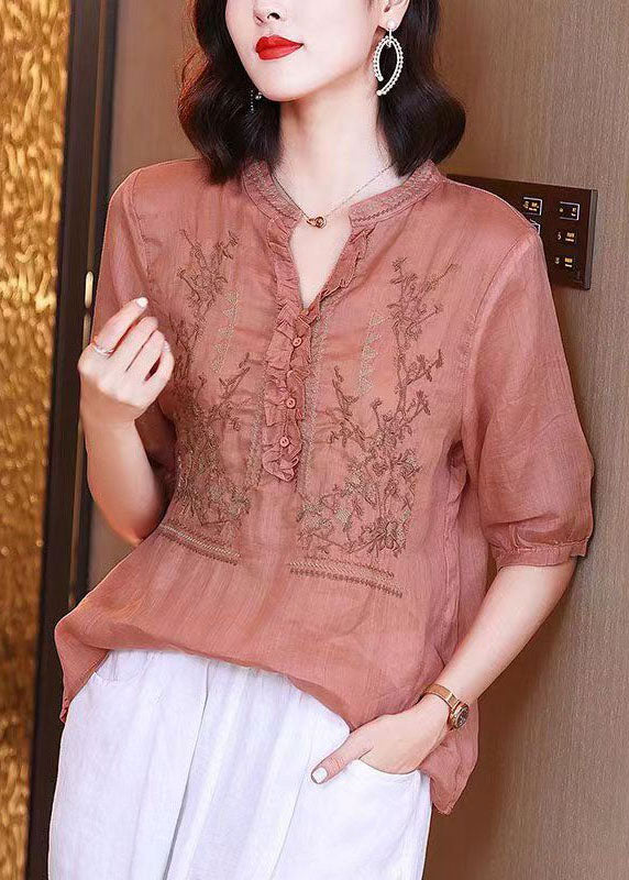 Simple Pink Ruffled Embroideried Patchwork Linen Tops Summer TP1008 - fabuloryshop