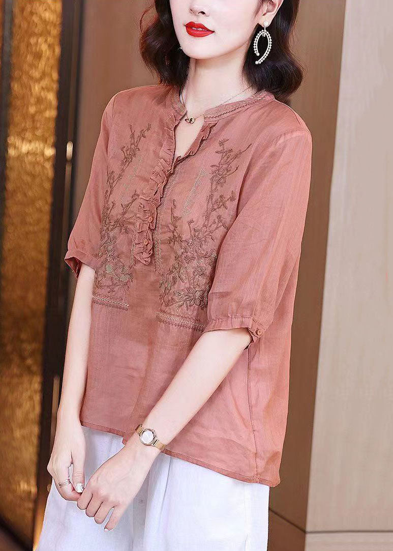 Simple Pink Ruffled Embroideried Patchwork Linen Tops Summer TP1008 - fabuloryshop