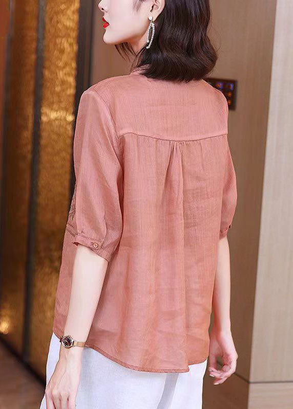 Simple Pink Ruffled Embroideried Patchwork Linen Tops Summer TP1008 - fabuloryshop