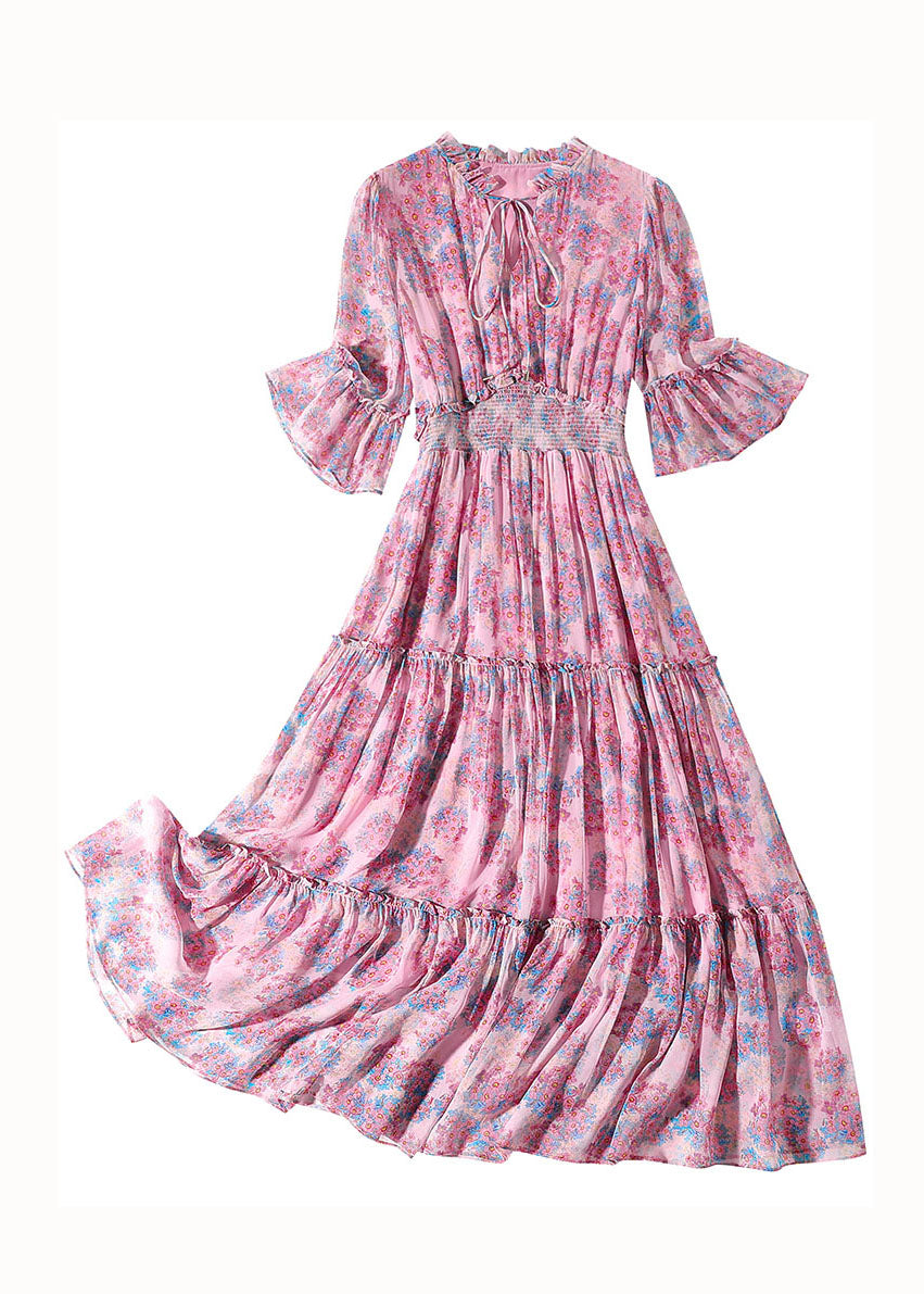 Simple Pink Ruffled Print Patchwork Silk Mid Dress Summer LY0944 - fabuloryshop