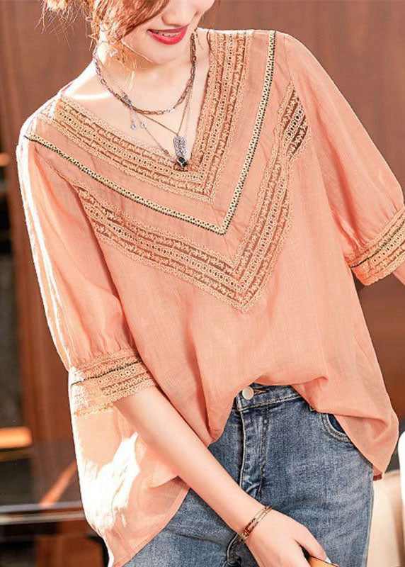 Simple Pink V Neck Hollow Out Patchwork Linen Tops Summer LY0614