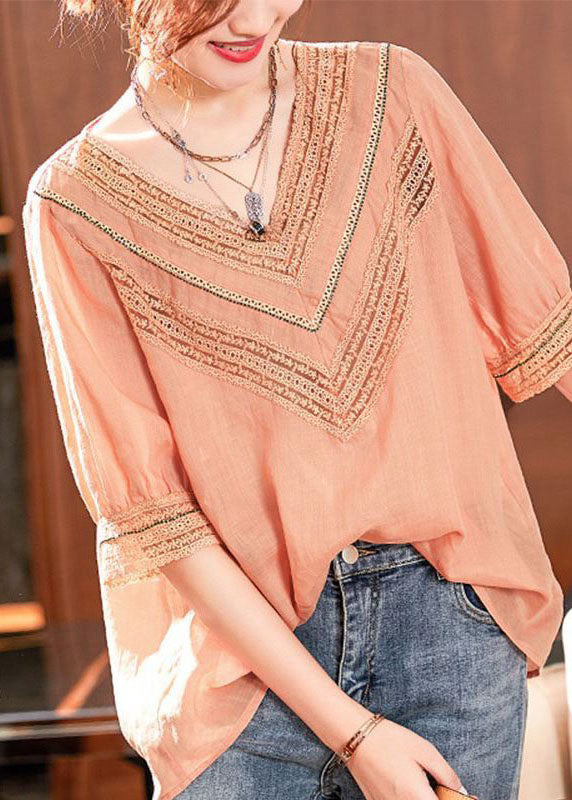 Simple Pink V Neck Hollow Out Patchwork Linen Tops Summer LY0614 - fabuloryshop