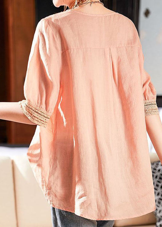 Simple Pink V Neck Hollow Out Patchwork Linen Tops Summer LY0614 - fabuloryshop