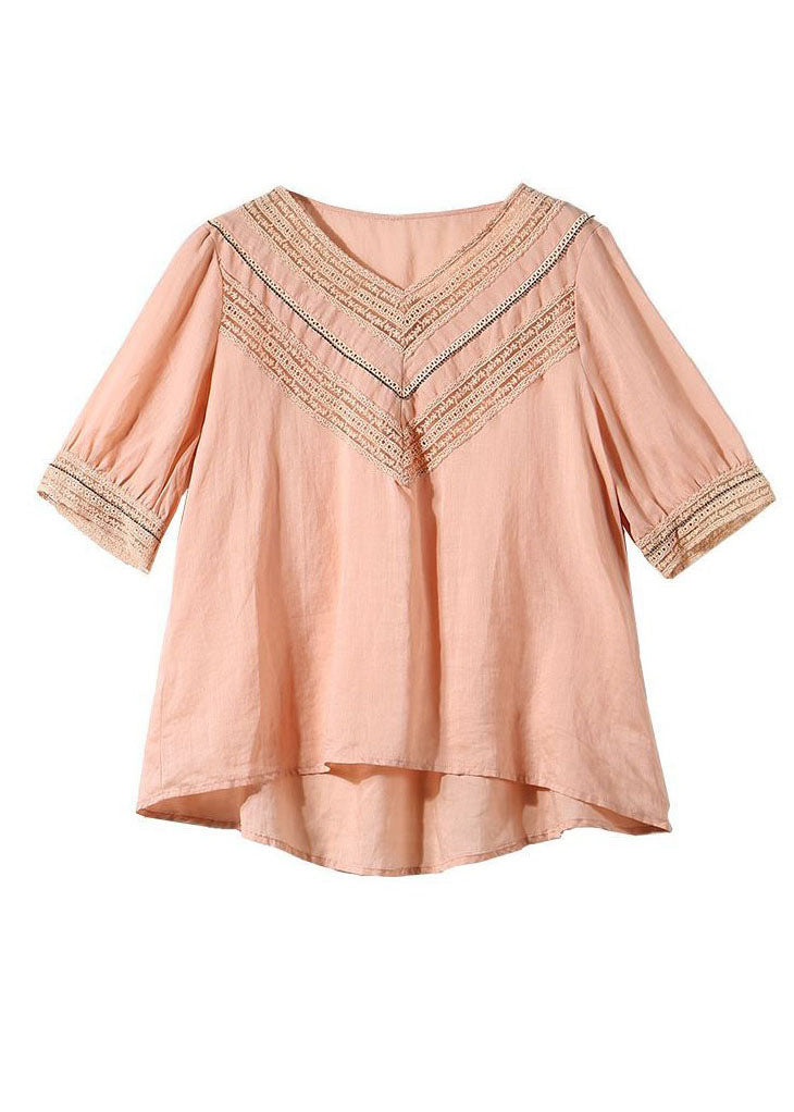 Simple Pink V Neck Hollow Out Patchwork Linen Tops Summer LY0614 - fabuloryshop