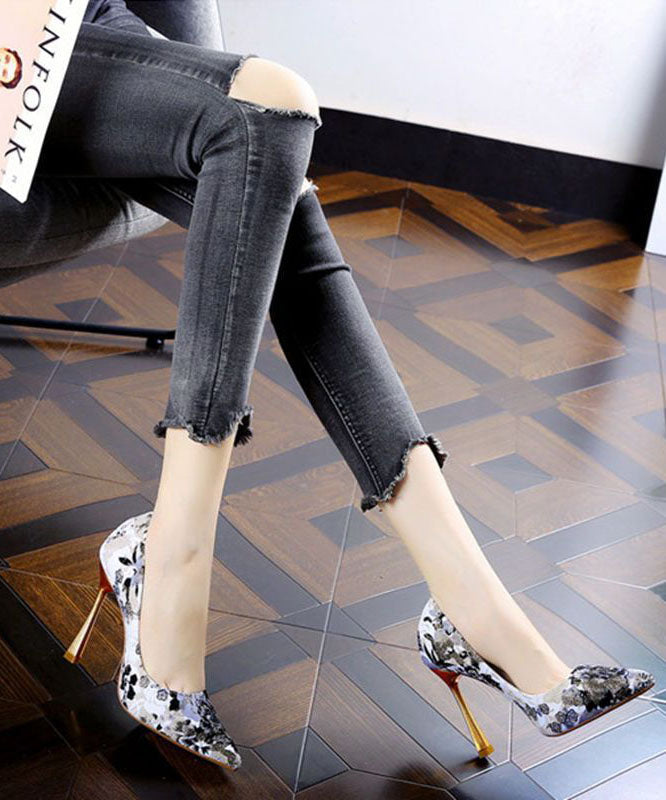 Simple Pointed Toe Stiletto High Heels Black Jacquard LC0174 - fabuloryshop