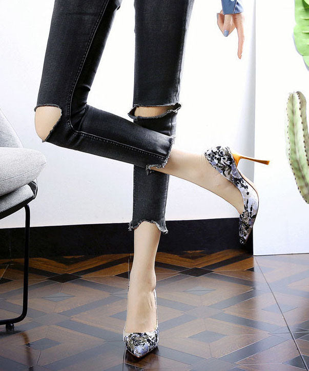 Simple Pointed Toe Stiletto High Heels Black Jacquard LC0174 - fabuloryshop