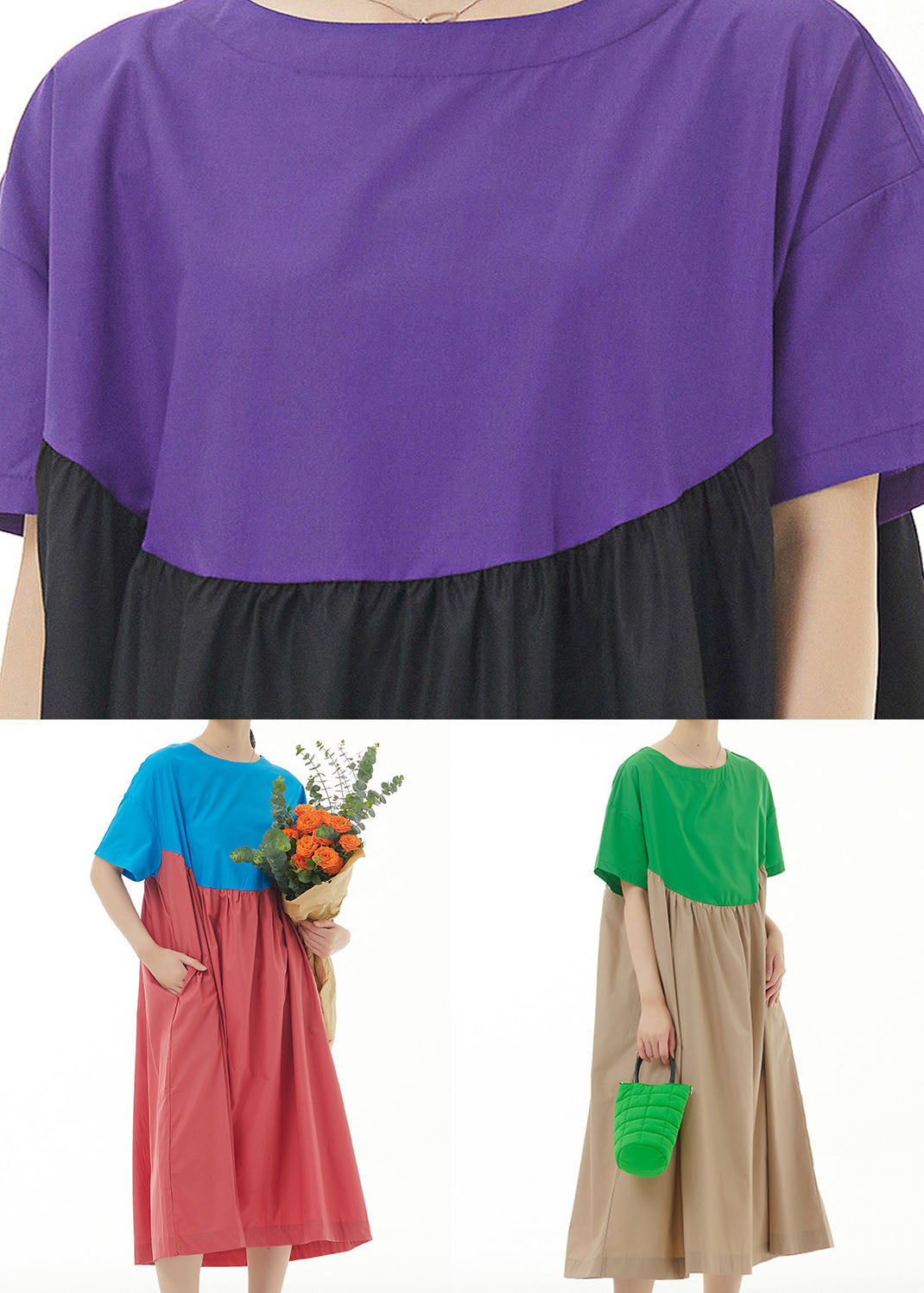 Simple Purple O Neck Wrinkled Patchwork Cotton Dresses Summer LY1166 - fabuloryshop