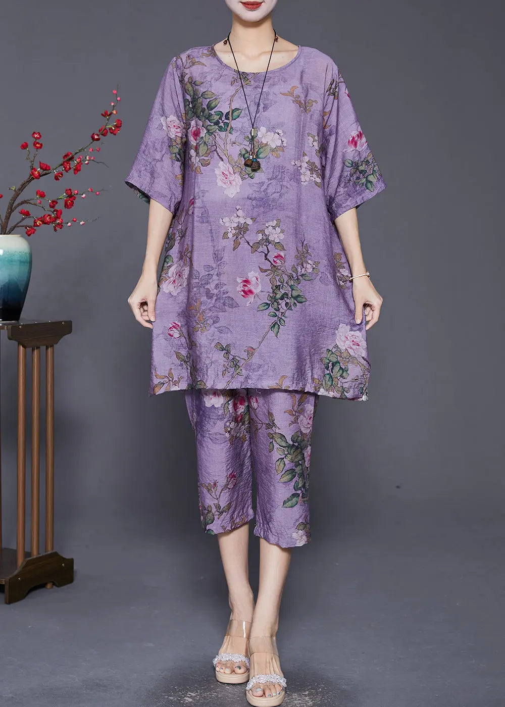 Simple Purple Oversized Print Linen Silk Two Pieces Set Summer Ada Fashion