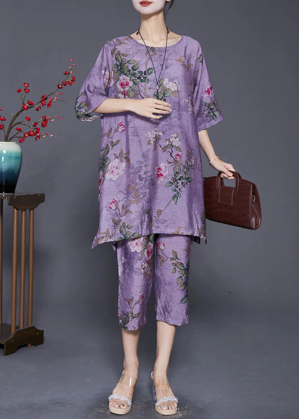 Simple Purple Oversized Print Linen Silk Two Pieces Set Summer Ada Fashion