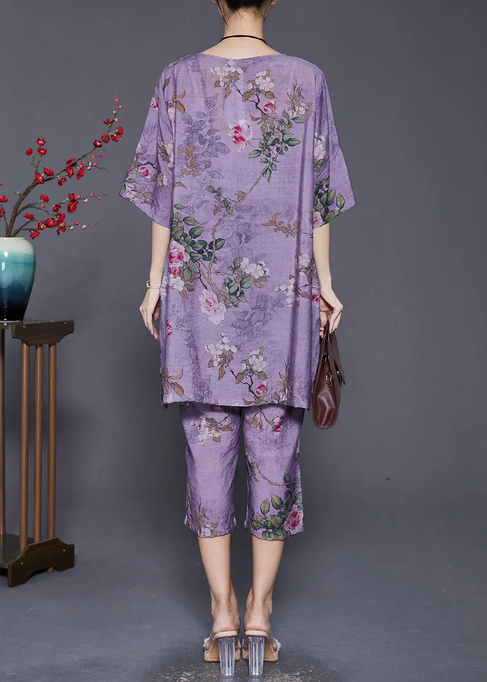 Simple Purple Oversized Print Linen Silk Two Pieces Set Summer Ada Fashion