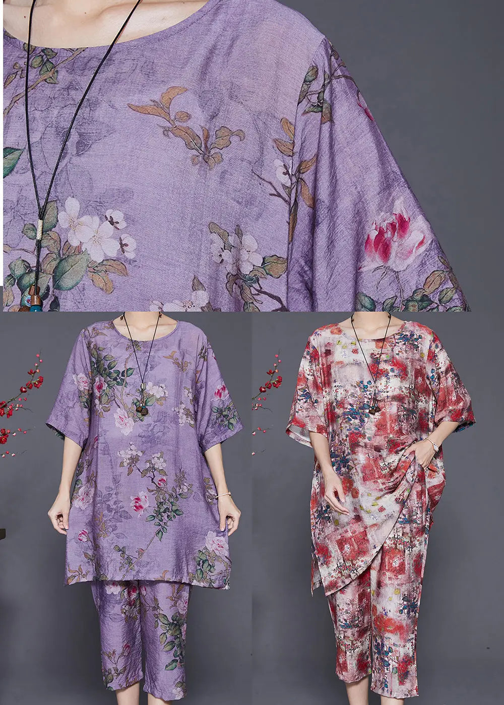 Simple Purple Oversized Print Linen Silk Two Pieces Set Summer Ada Fashion