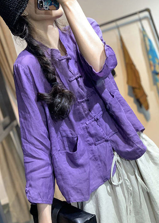 Simple Purple Pockets Button Tops Fall Ada Fashion