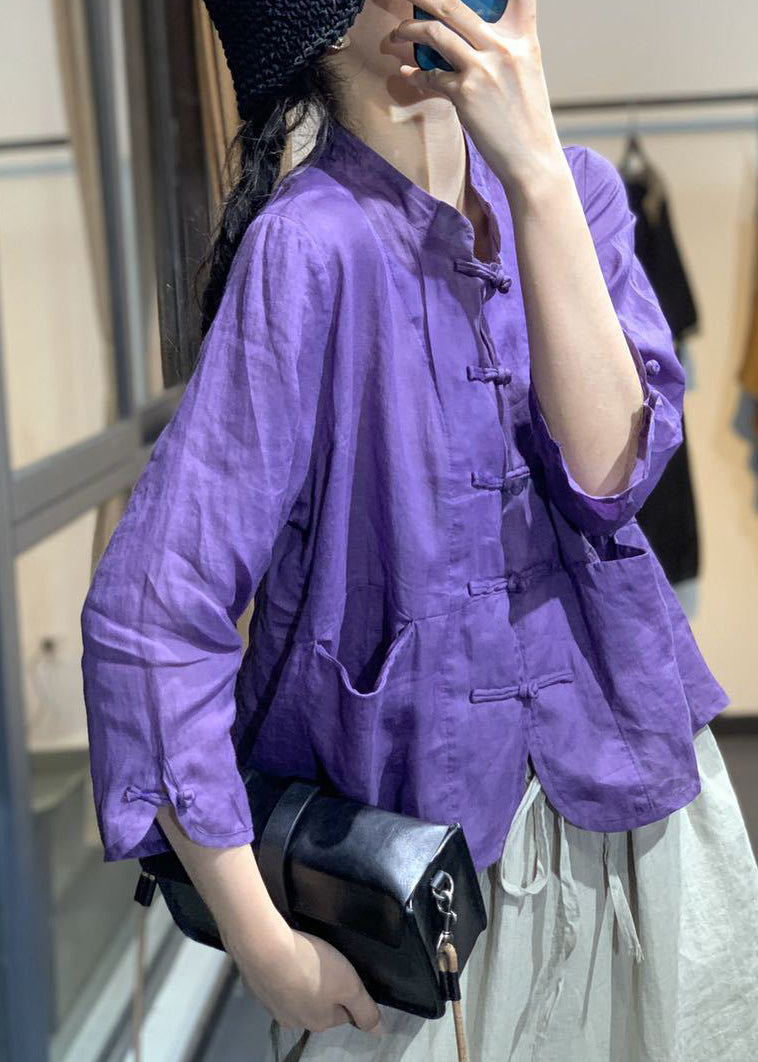 Simple Purple Pockets Button Tops Fall Ada Fashion