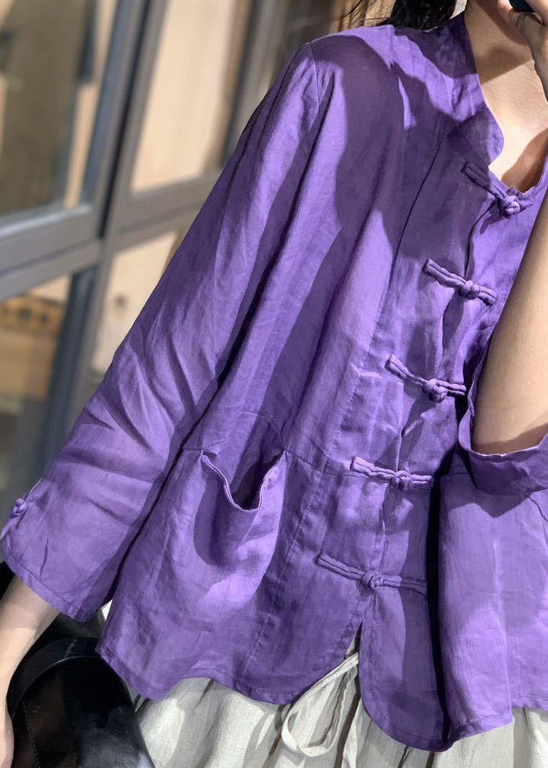 Simple Purple Pockets Button Tops Fall Ada Fashion